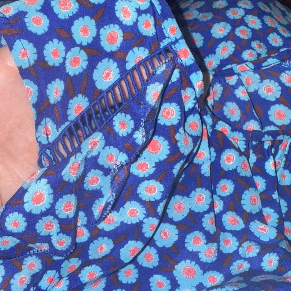 Kate Spade New York Tangier Ruffle Silk Tank Blue Cobalt Floral Small, EUC